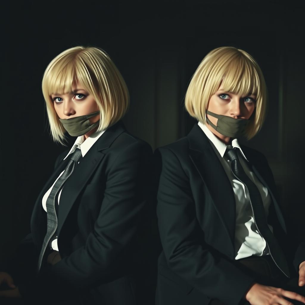 Two blonde girls with short hair, both wearing stylish suits and ties, are portrayed in a dramatic and tense scene