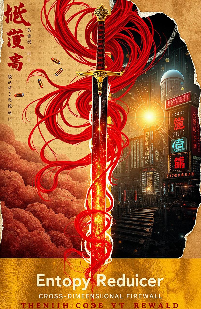 A red data stream entwines with an ancient sword, its blade reflecting binary symbols and ink wash talismans