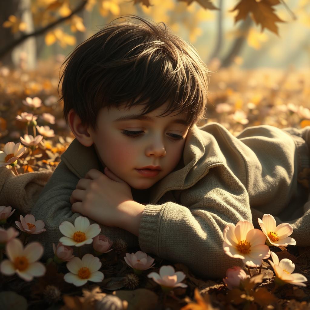 A hauntingly beautiful scene depicting a peaceful, serene environment with a young boy lying on the ground, surrounded by soft, colorful flowers that contrast against the muted tones of an autumn setting