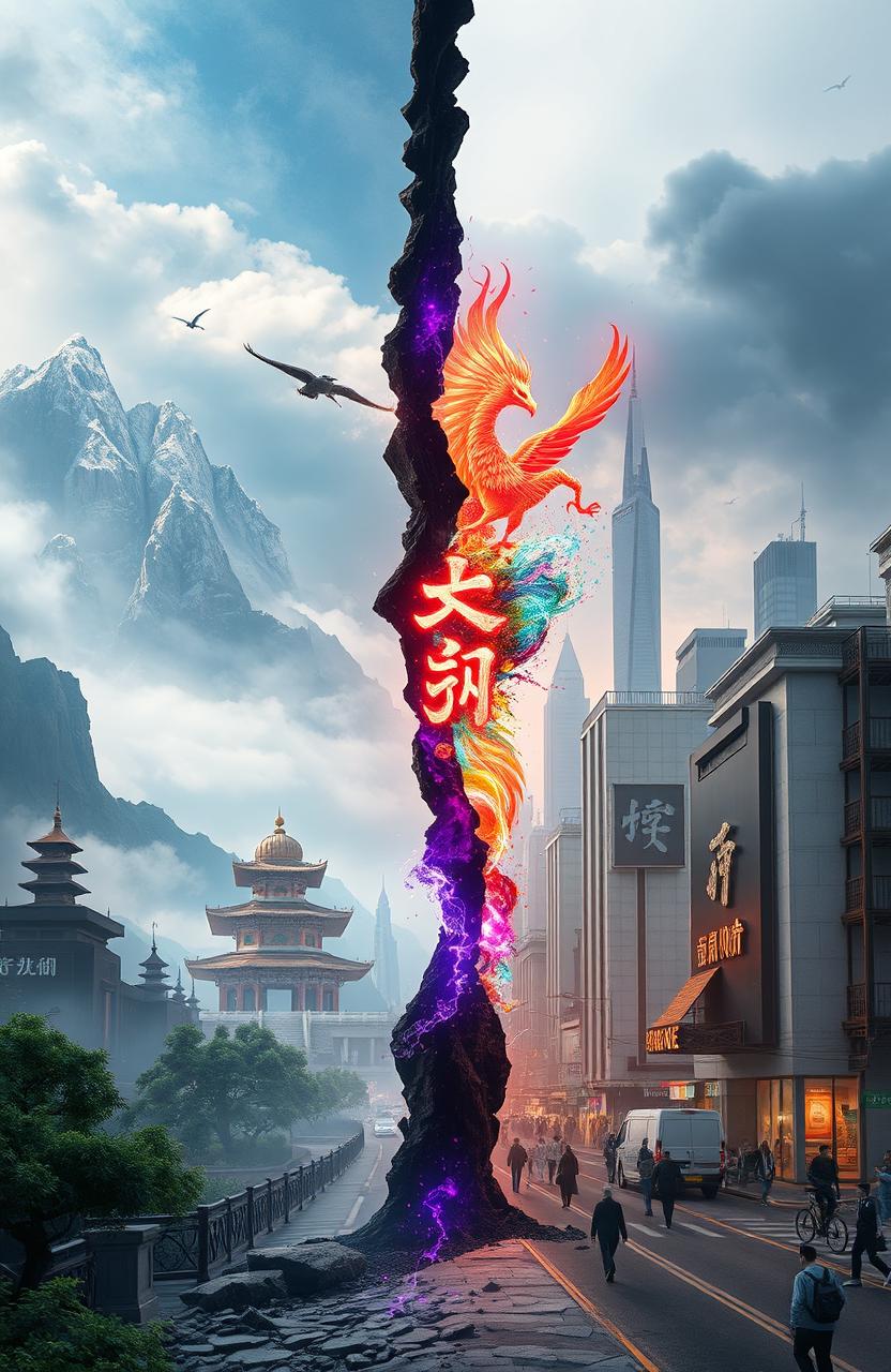 A dramatic scene where the barrier between a fantasy world of cultivation (修仙世界) and the real world has been shattered