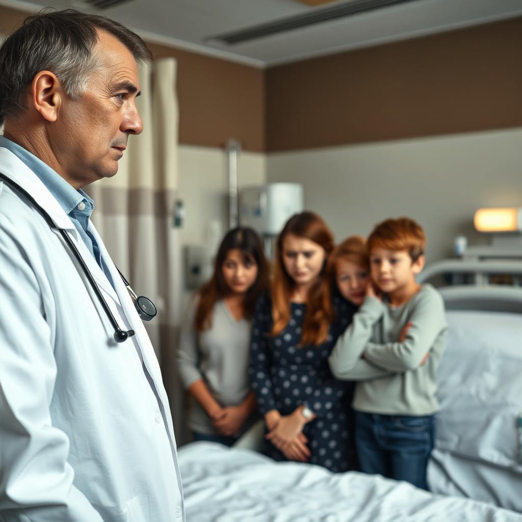 A somber hospital scene where a doctor, wearing a white coat and stethoscope, is standing in front of a distressed family of four