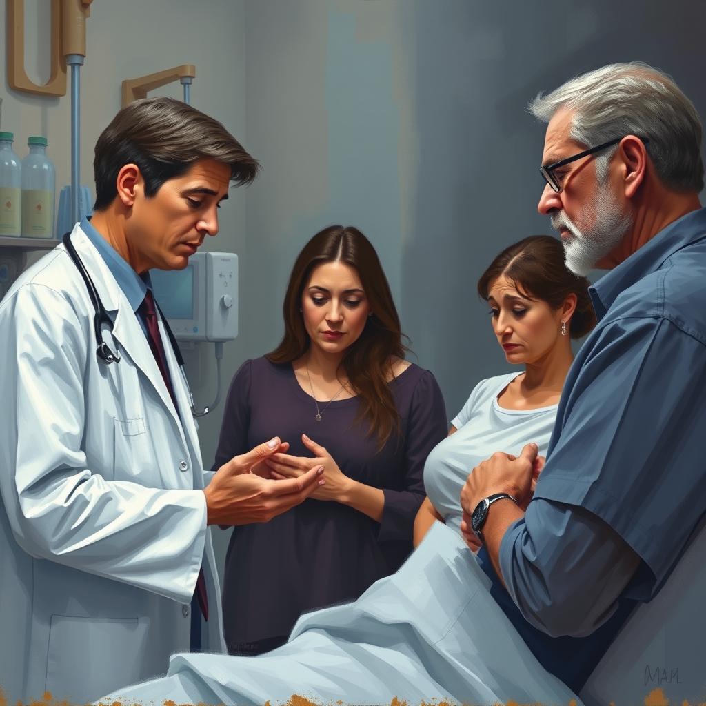 A somber scene in a hospital room, where a doctor is compassionately explaining to a family that their loved one has passed away