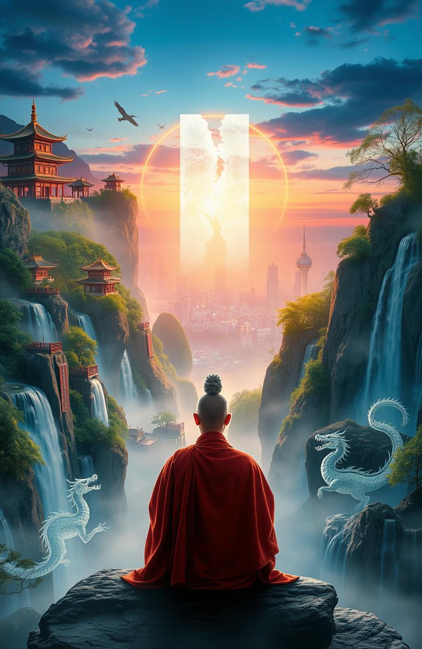 A breathtaking scene representing the fusion of a cultivation world and the real world, showcasing traditional Chinese elements such as ancient pagodas, mystical floating islands, lush bamboo forests, and ethereal waterfalls cascading down misty cliffs