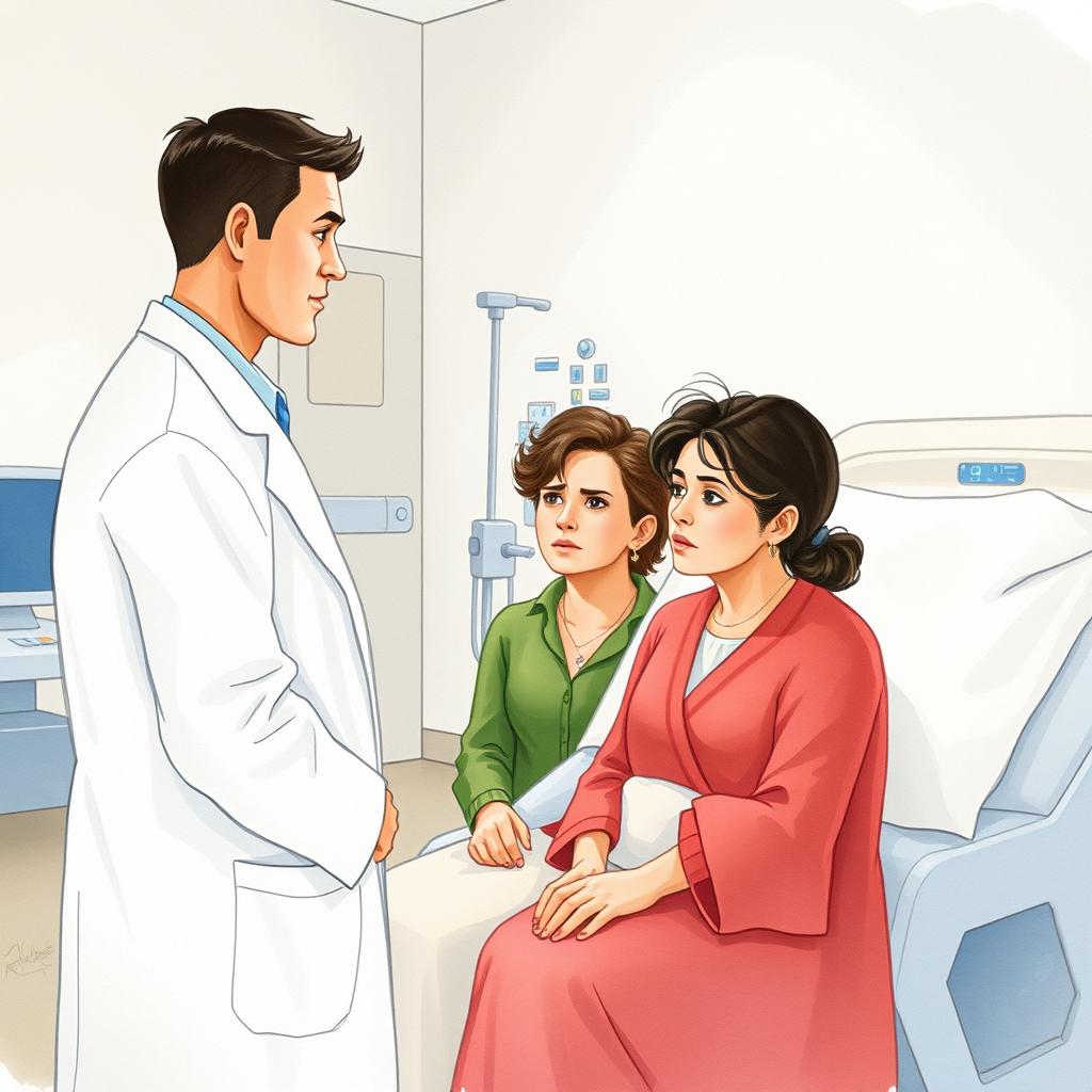 A poignant scene in a hospital setting, where a doctor in a white coat is gently informing a patient’s family about the passing of their loved one