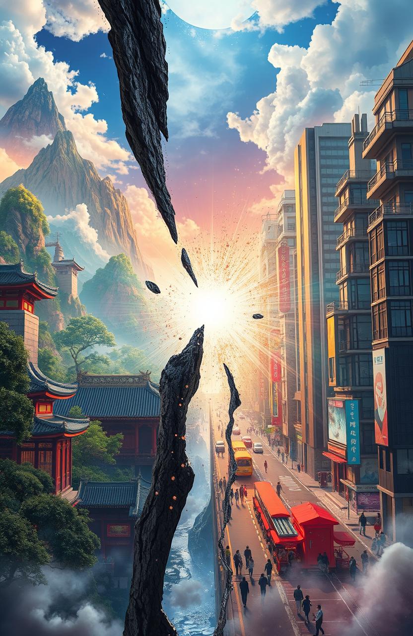 A vibrant scene illustrating the moment when the dimensional barrier between a mystical cultivation world and our reality is shattered