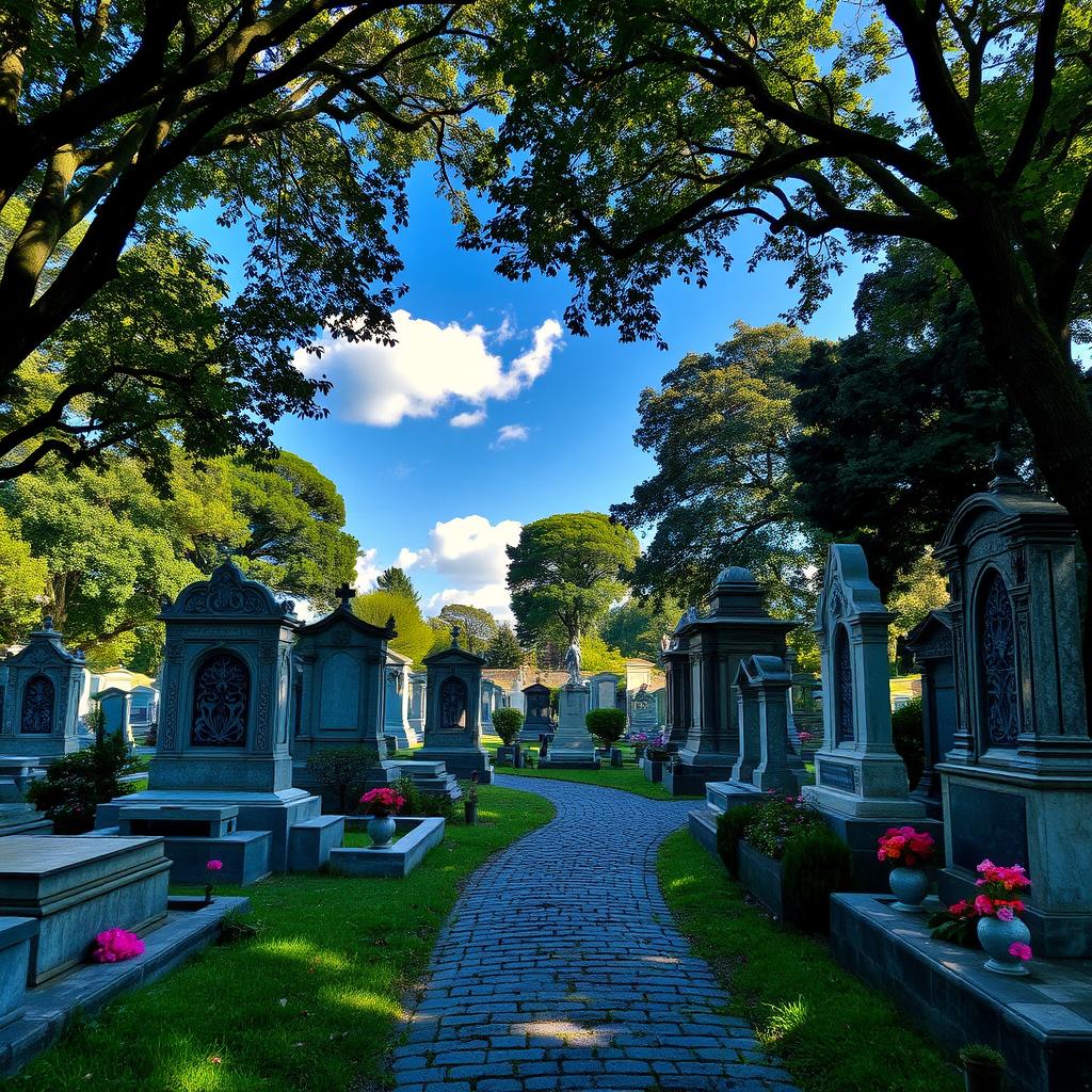A serene and peaceful cemetery scene, featuring intricately designed gravestones and mausoleums, surrounded by lush green trees and colorful flowers