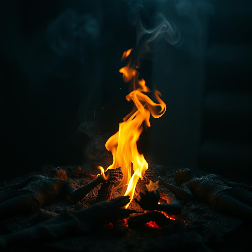 A surreal and haunting scene depicting the process of cremation with burning remains, set against a dark, smoky background