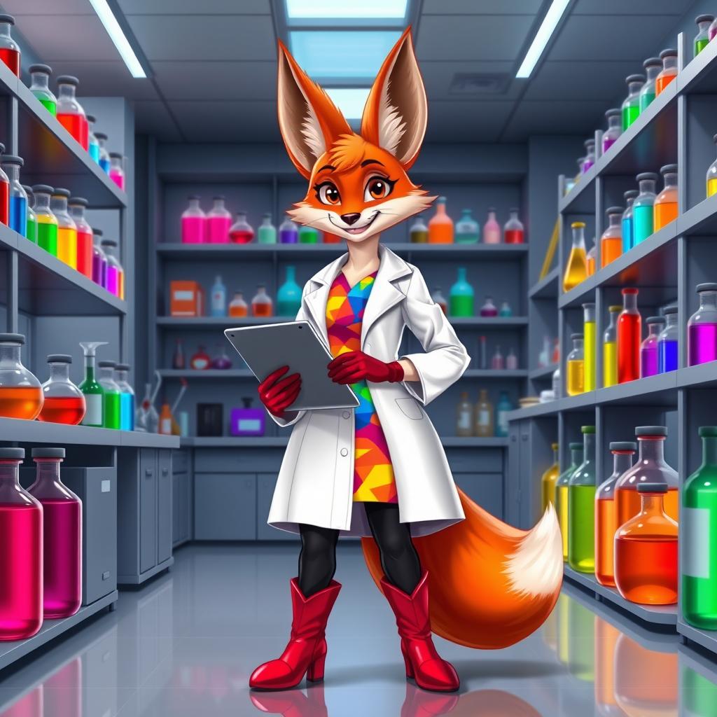 An anthropomorphic beautiful red female fox wearing a white lab coat over a colorful, wonderful dress, black trousers, and striking red boots