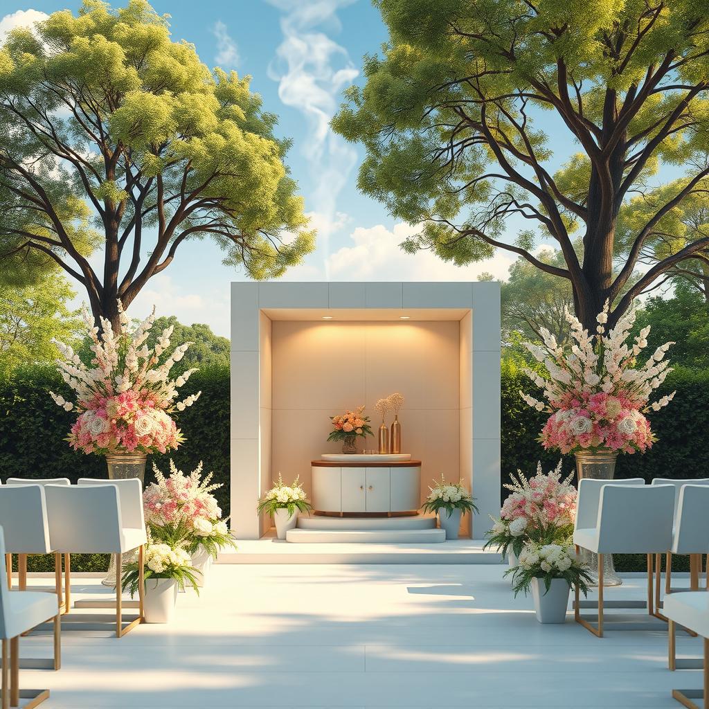 An artistic representation of a serene and respectful cremation ceremony, focusing on a beautifully designed crematorium surrounded by peaceful nature