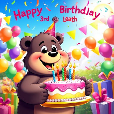 A colorful and joyful birthday scene celebrating Leah's 3rd birthday, featuring a large, friendly bear character holding a birthday cake with three candles