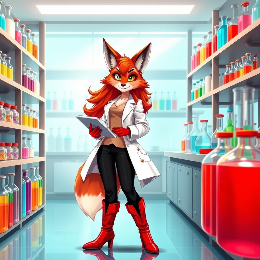 An anthropomorphic beautiful red female fox with vibrant fur, wearing a white lab coat over a stylish dress, black trousers, and striking red boots