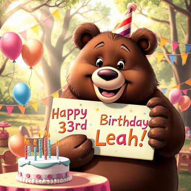 A large, friendly bear holding a colorful birthday card that has 'Happy 3rd Birthday Leah!' written in bright letters