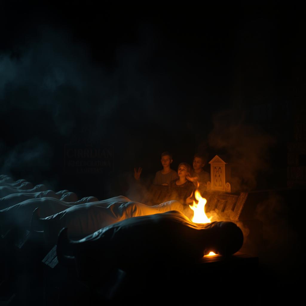 A hauntingly dark scene of a crematorium, where flames flicker ominously as they consume deceased bodies