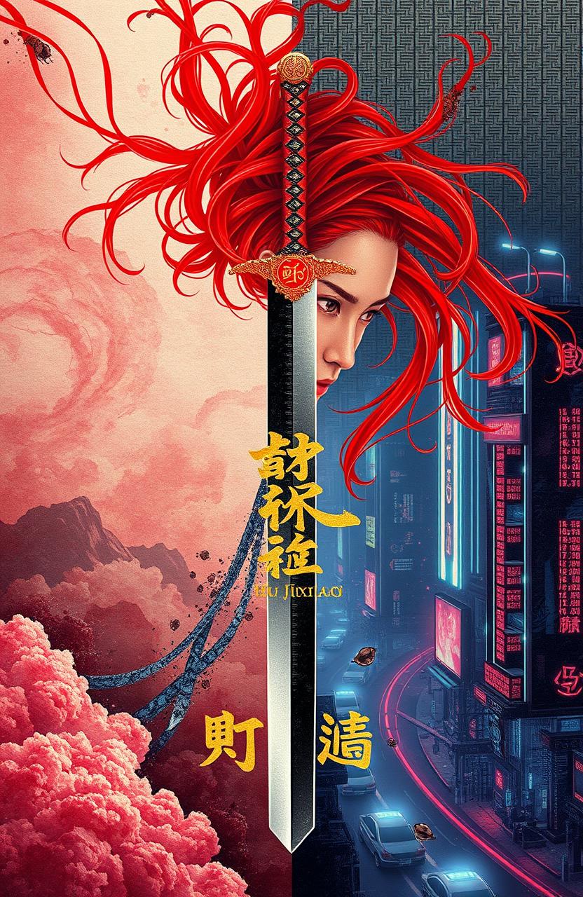 A vibrant red data stream intertwining with an ancient sword, its blade reflecting binary hexagrams and ink wash talismans