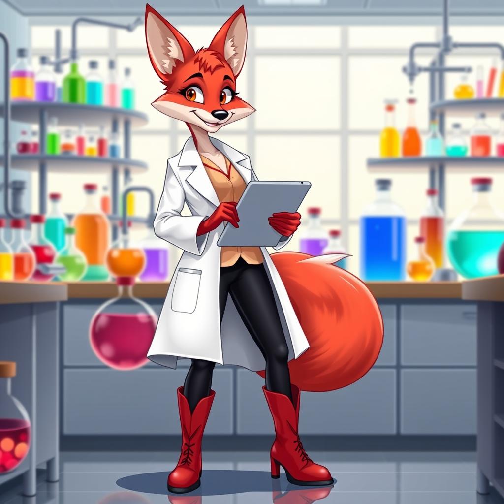 A cartoon slim cute beautiful red female fox wearing a white lab coat, complemented by a lovely dress, sleek black trousers, and stylish red boots