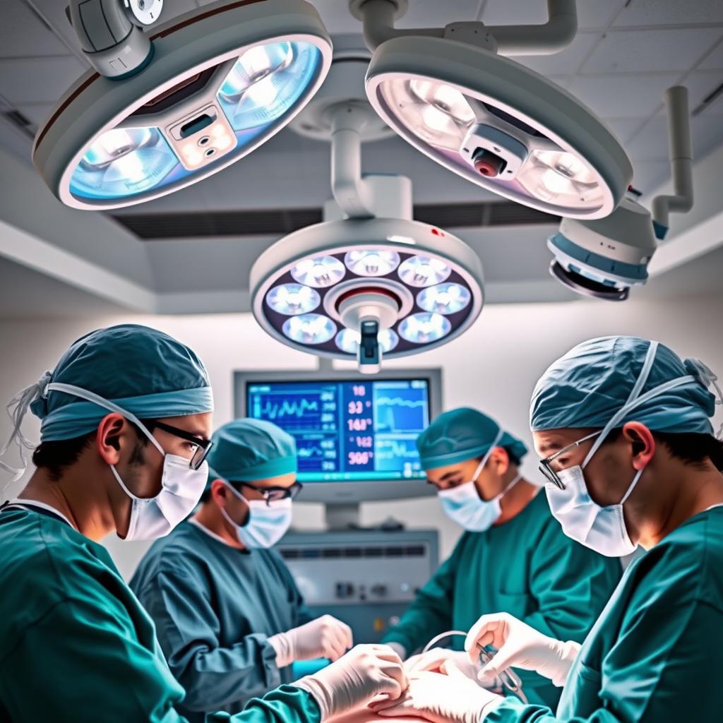 A medical scene depicting a team of surgeons performing a delicate surgery in a modern operating room