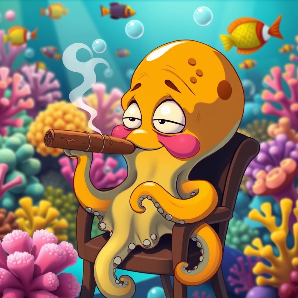 A humorous scene of a character resembling an octopus smoking a cigar with a laid-back expression