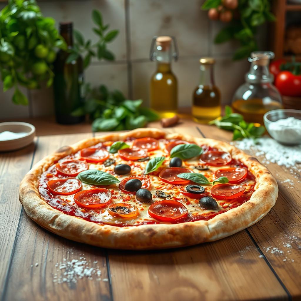 A beautiful, mouth-watering pizza on a wooden table
