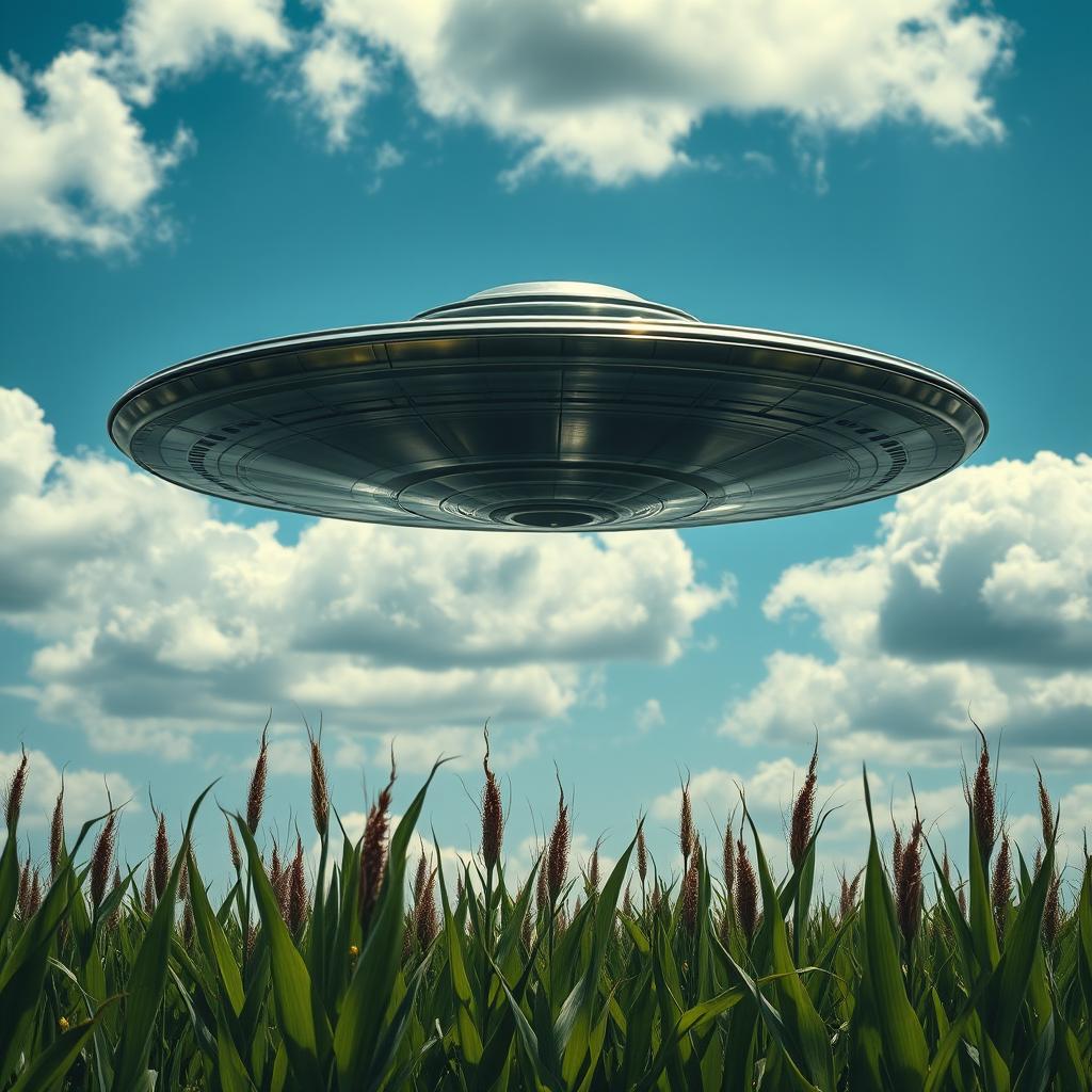 A striking and surreal image of a UFO hovering above a cornfield, captured as a raw photograph for a sci-fi documentary poster