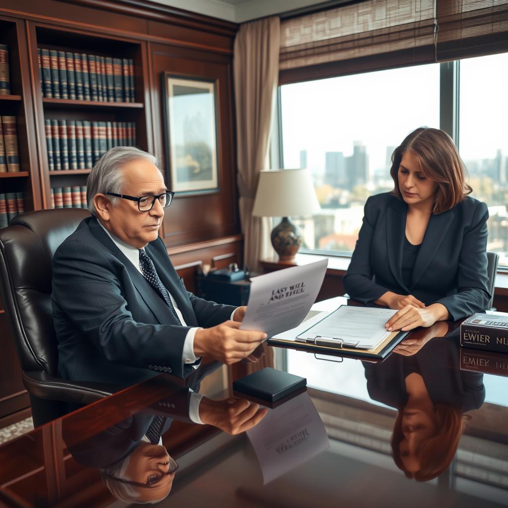 A serious yet compassionate scene of a lawyer presenting a last will and testament to a family member in an elegantly furnished office