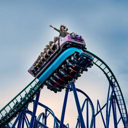 Harry Styles joyfully riding a huge rollercoaster against a clear sky