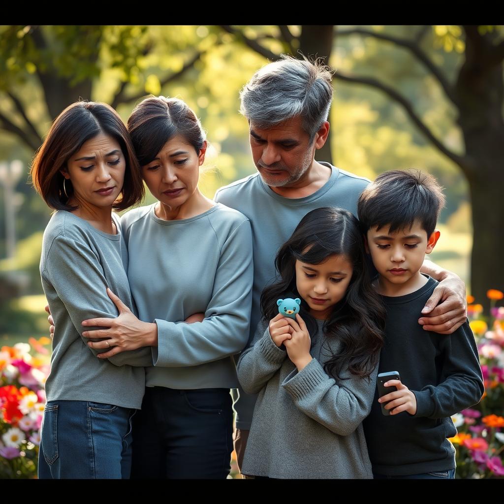 A poignant and heartfelt scene of a family standing together, expressing their grief after losing a loved one