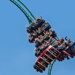 Harry Styles joyfully riding a huge rollercoaster against a clear sky