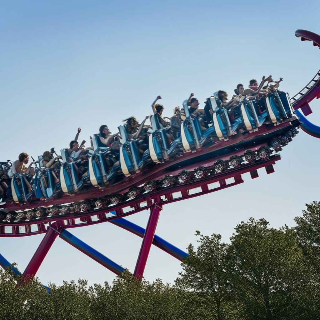 Harry Styles joyfully riding a huge rollercoaster against a clear sky