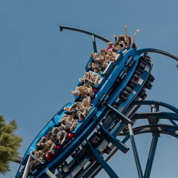 Harry Styles joyfully riding a huge rollercoaster against a clear sky