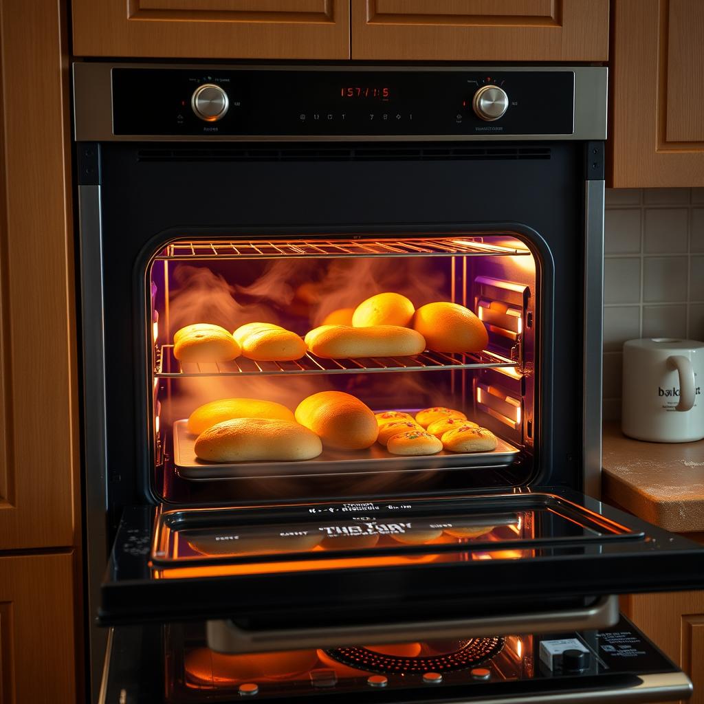 An open oven showcasing a vibrant interior with glowing heating elements, various baked goods like golden-brown bread loaves and colorful pastries, steam rising into the air, warm kitchen ambiance with wooden cabinets and tiled backsplash, a hint of flour dust on the countertop nearby