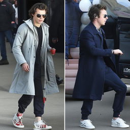 Harry Styles stylishly dressed in a North Face coat, Trapstar jogger bottoms, and Nike Air Force 1 shoes