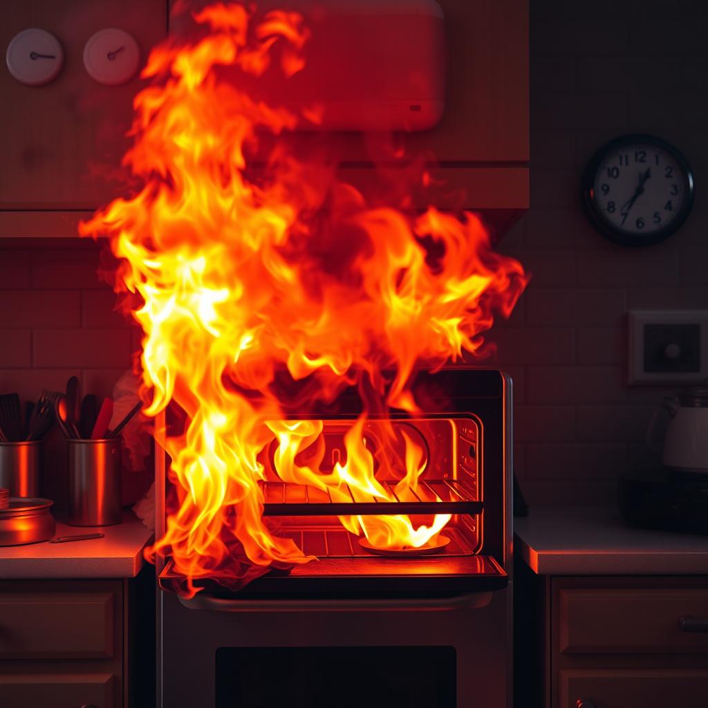 A dramatic scene of an oven engulfed in flames, with bright orange and red fire contrasted against the metallic surface of the oven