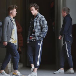 Harry Styles stylishly dressed in a North Face coat, Trapstar jogger bottoms, and Nike Air Force 1 shoes