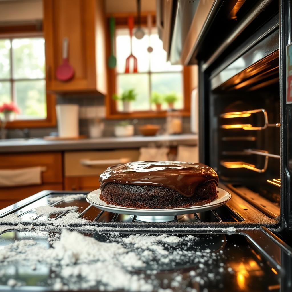 An open oven revealing a deliciously baked chocolate cake, with rich, glossy icing and a slight steam rising from the warmth