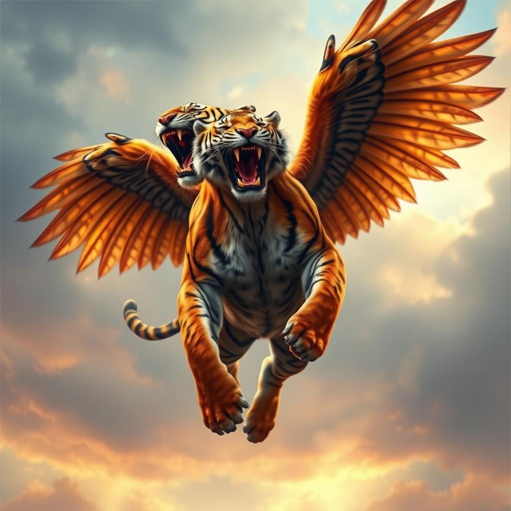 A majestic tiger with large, intricate wings, roaring powerfully as it leaps forward