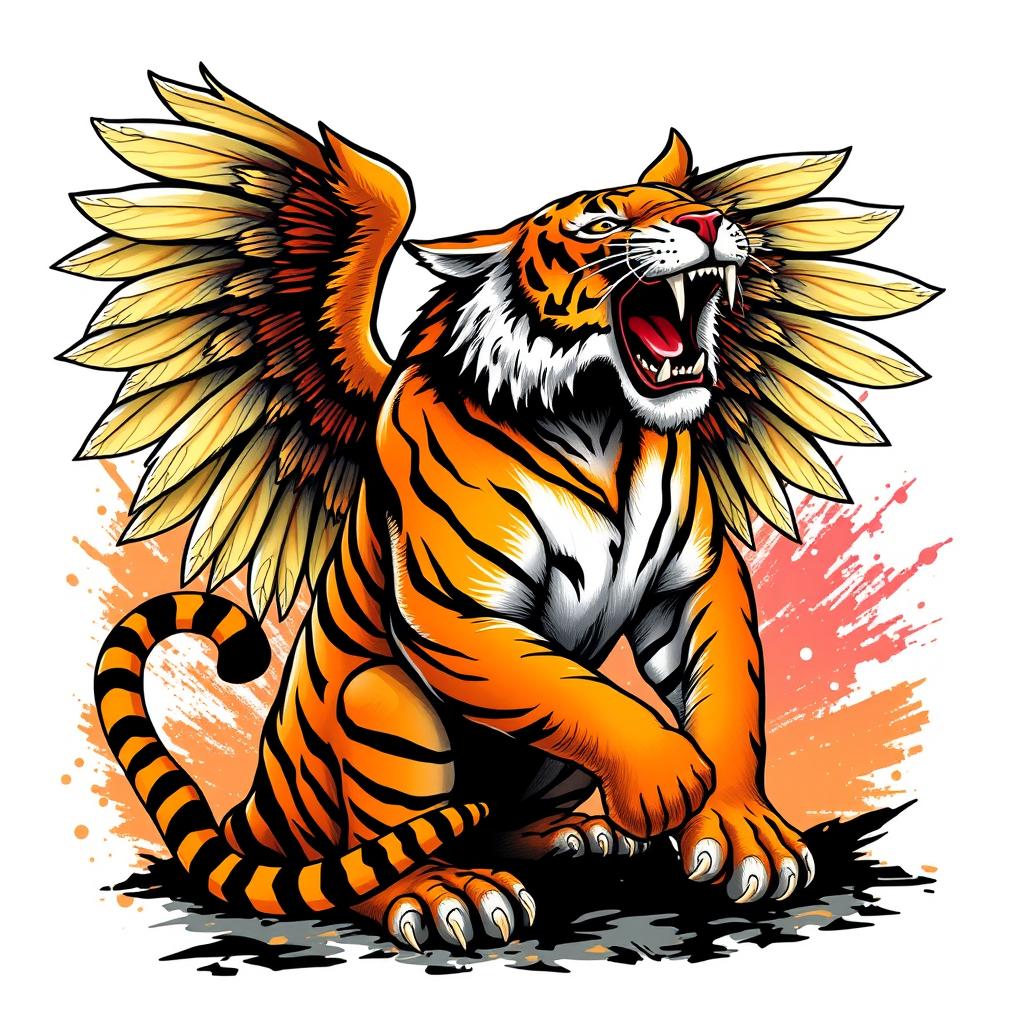 A majestic tiger with vibrant orange and black stripes, its muscular body coiling in a dynamic pose as it roars powerfully