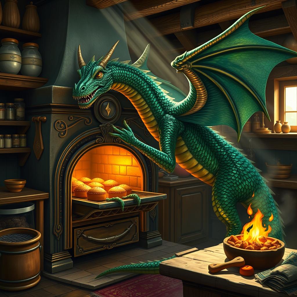 A majestic dragon with shimmering emerald scales carefully opening a large, ornate oven in a cozy rustic kitchen