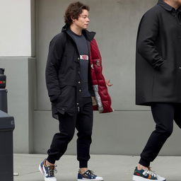 Harry Styles stylishly dressed in a North Face coat, Trapstar jogger bottoms, and Nike Air Force 1 shoes