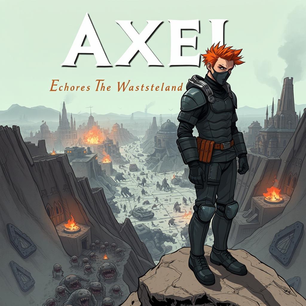 A front cover illustration for a book titled 'Axel: Echoes From The Wasteland', presented in a portrait format for fullscreen