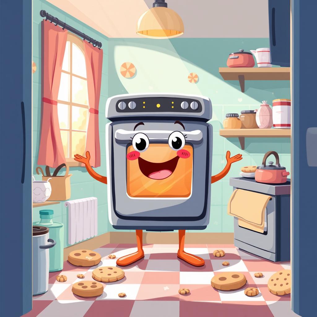 A whimsical and charming illustration of a happy, anthropomorphic oven with a cheerful smile and bright eyes