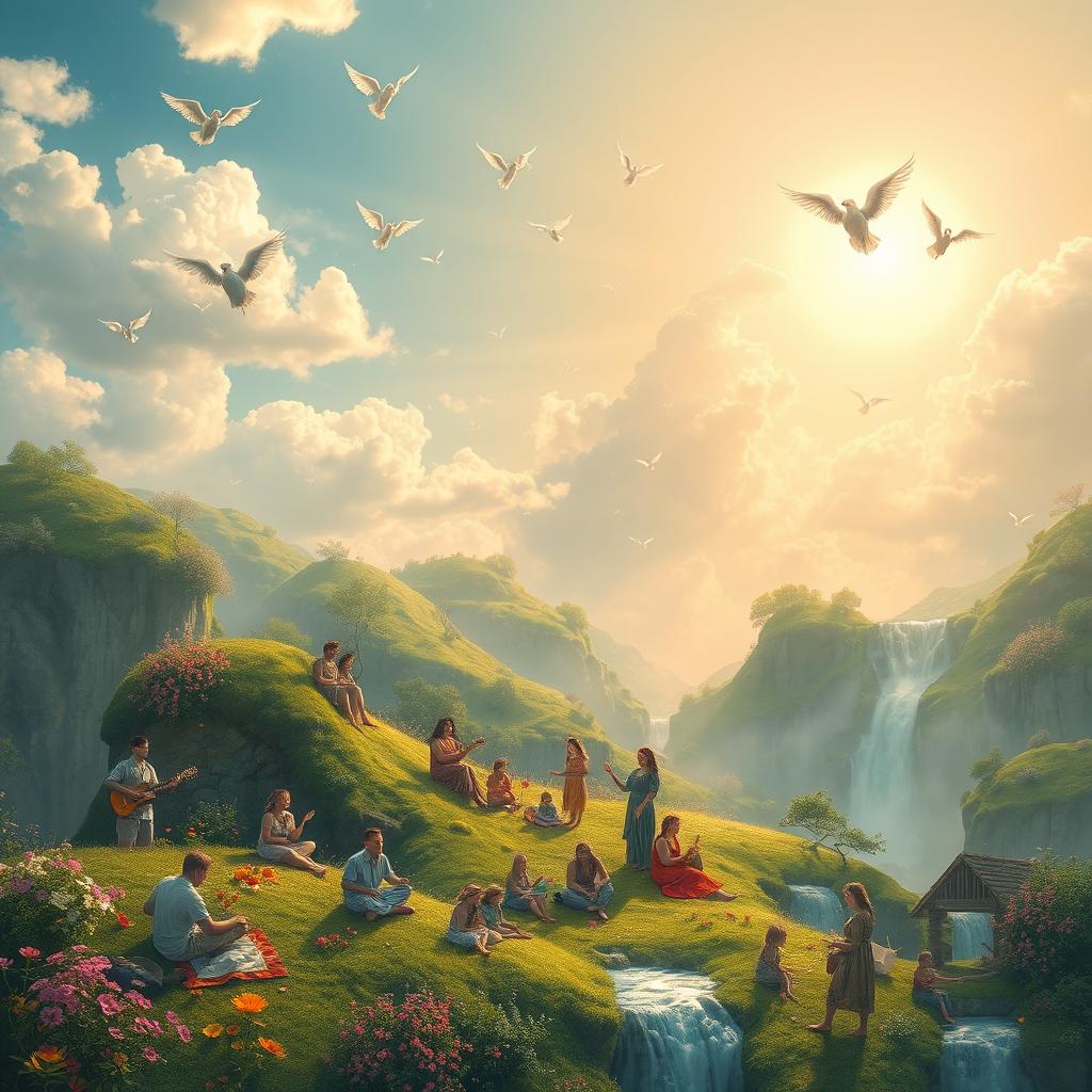 A serene and beautiful depiction of life in heaven, featuring lush green landscapes, vibrant flowers, and gentle waterfalls