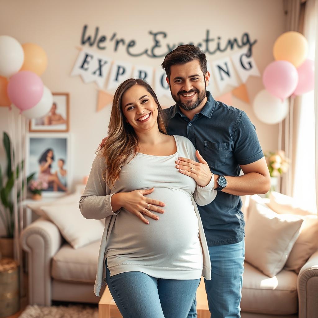 A joyful pregnancy announcement featuring two happy adults, a woman with a radiant smile and a man with a proud look, both showing excitement and love