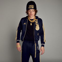 Harry Styles in urban-style clothing, featuring a tracksuit, gold chains, and a baseball cap