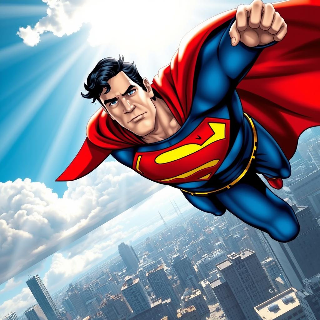 A vibrant and dynamic depiction of Superman, the iconic superhero characterized by his blue and red costume, complete with the famous 'S' emblem on his chest