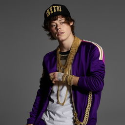 Harry Styles in urban-style clothing, featuring a tracksuit, gold chains, and a baseball cap