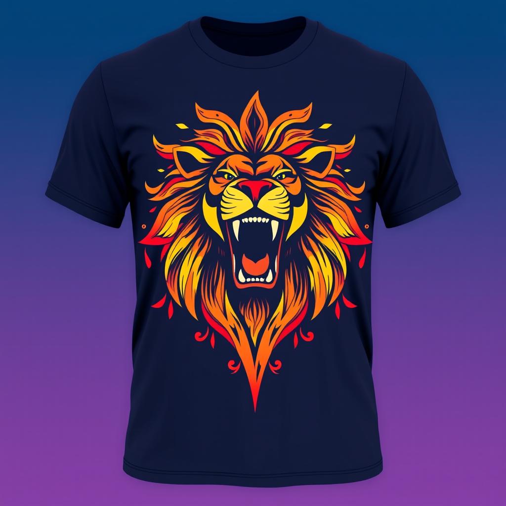 A vibrant and colorful T-shirt design featuring a stylized graphic of a roaring lion with intricate details in the mane