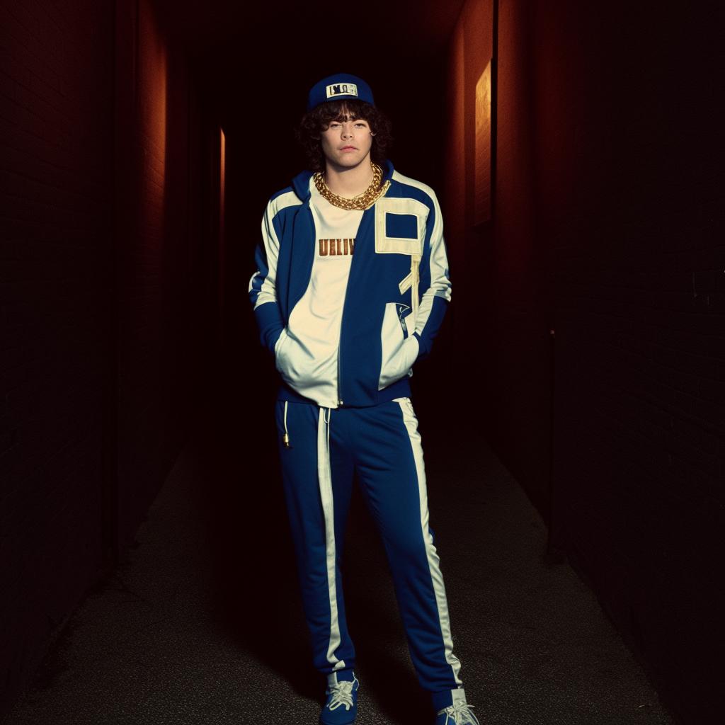 Harry Styles in urban-style clothing, featuring a tracksuit, gold chains, and a baseball cap