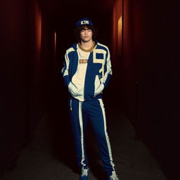 Harry Styles in urban-style clothing, featuring a tracksuit, gold chains, and a baseball cap