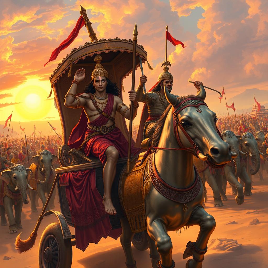 A detailed and dramatic depiction of a scene from the Mahabharata, featuring the fierce warrior Arjuna in a chariot, preparing to engage in battle on the Kurukshetra battlefield