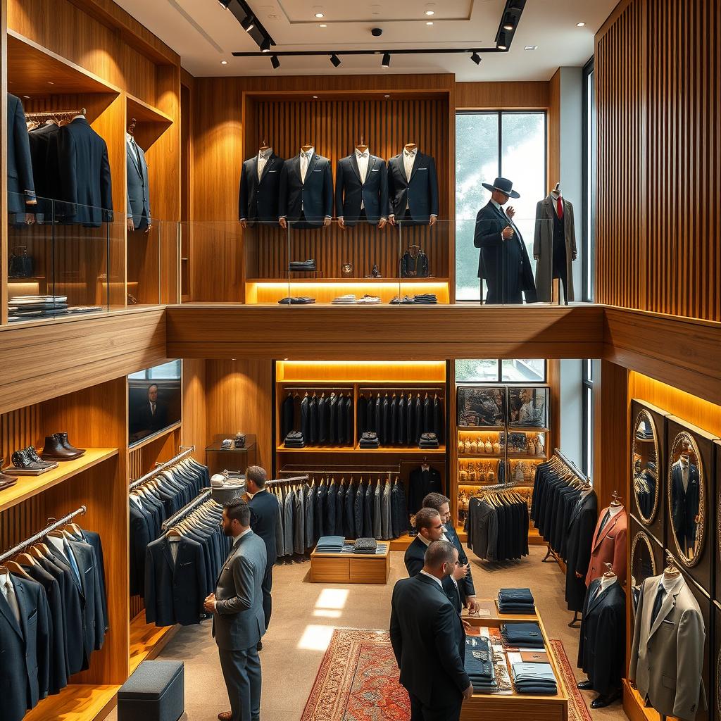 A stylish two-story suit store interior boasting modern design elements